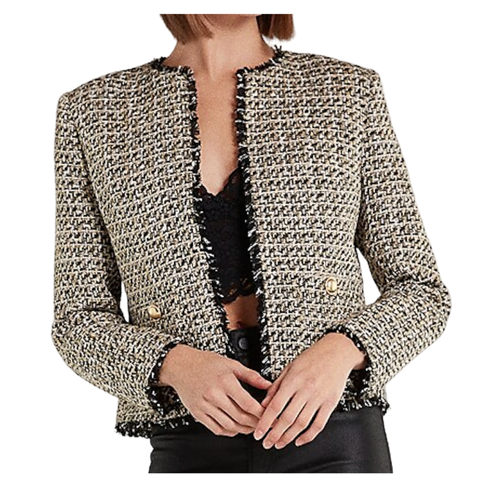 NEW EXPRESS STRONG SHOULDER GOLD BUTTON TWEED BLAZER JACKET SIZE XS